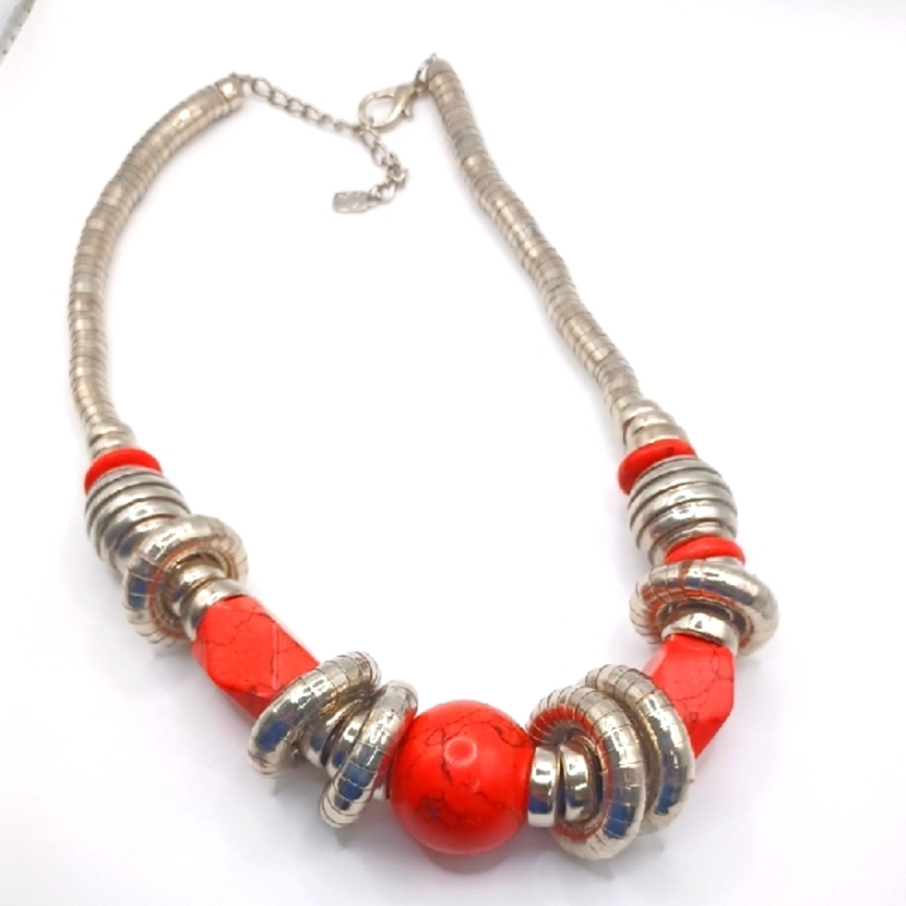 You and I Silver tone and Red Howlite Chunky Necklace